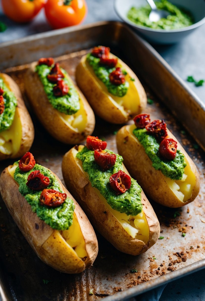 Golden baked potatoes topped with vibrant green pesto and sun-dried tomatoes, nestled on a rustic baking tray