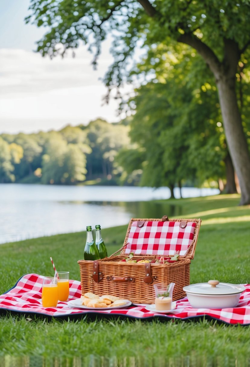 A cozy picnic in a lush park, with a checkered blanket, a wicker basket filled with food and drinks, and a view of a serene lake