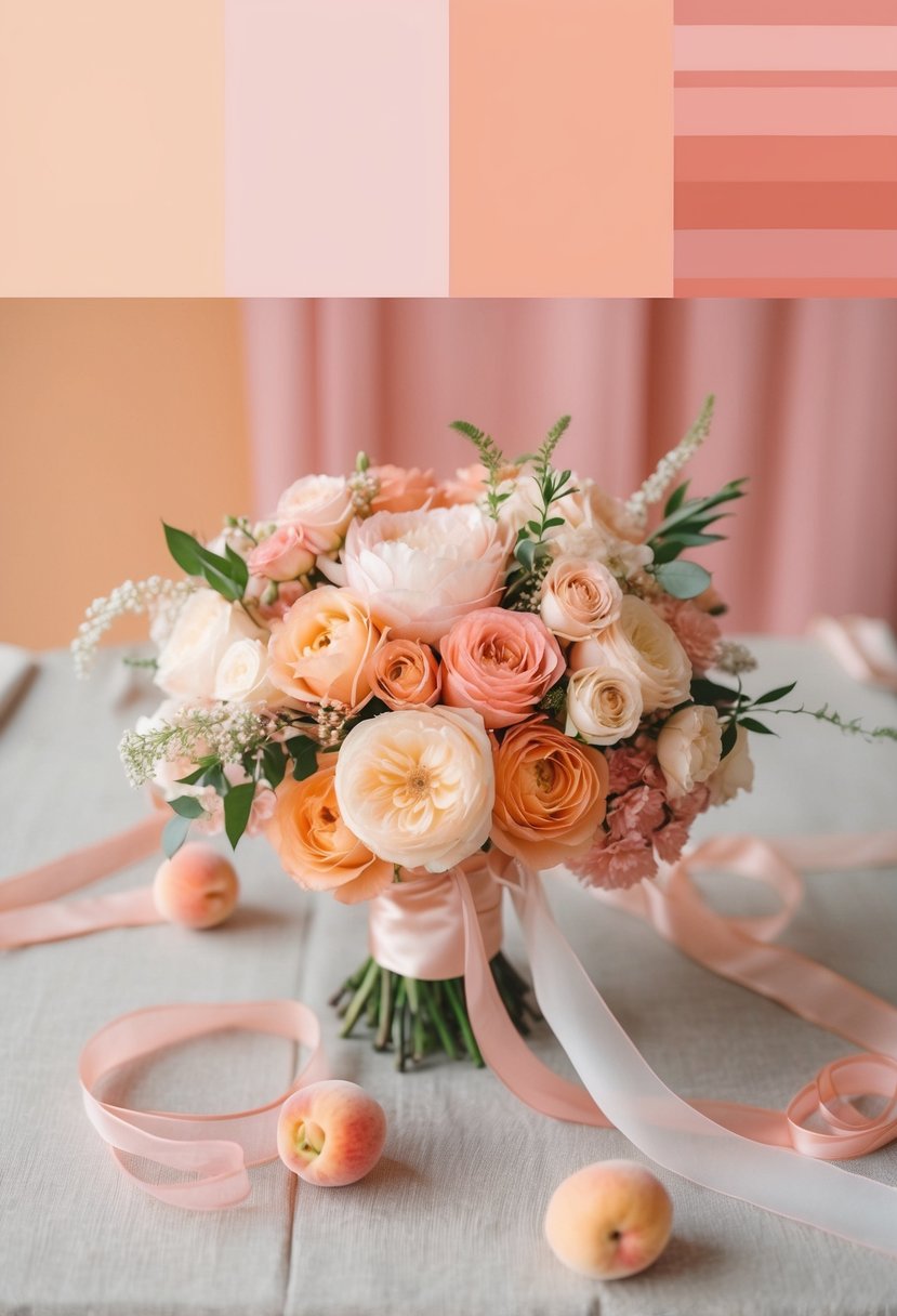 A peach and pink wedding color palette with floral decorations and delicate ribbons