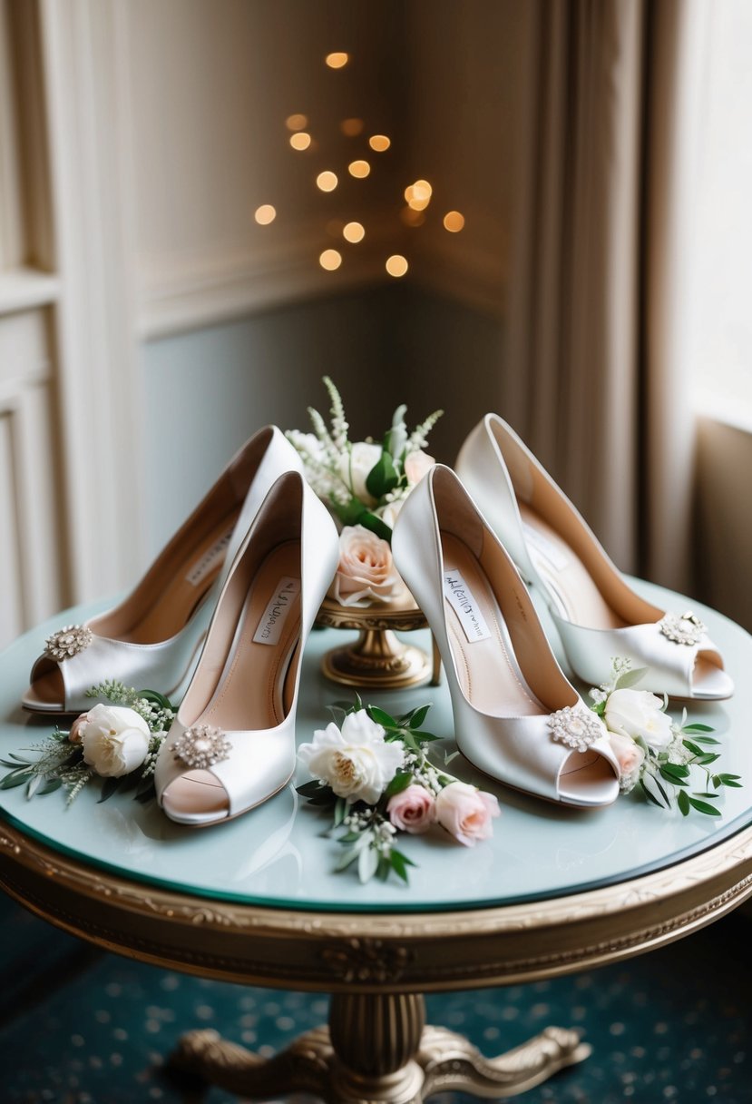 A collection of elegant wedding shoes arranged on a vintage table with floral accents and soft lighting