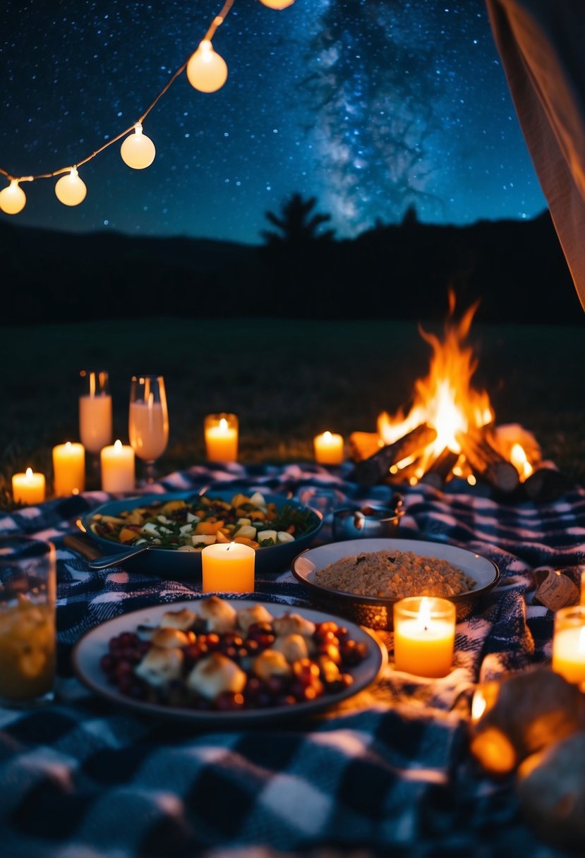 A cozy picnic blanket under a starry night sky, with a spread of food and drinks surrounded by flickering candles and a warm glow from a crackling fire