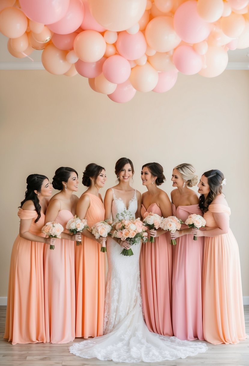 Peach and pink bridesmaid dresses arranged in a soft, romantic setting with peach and pink wedding decor