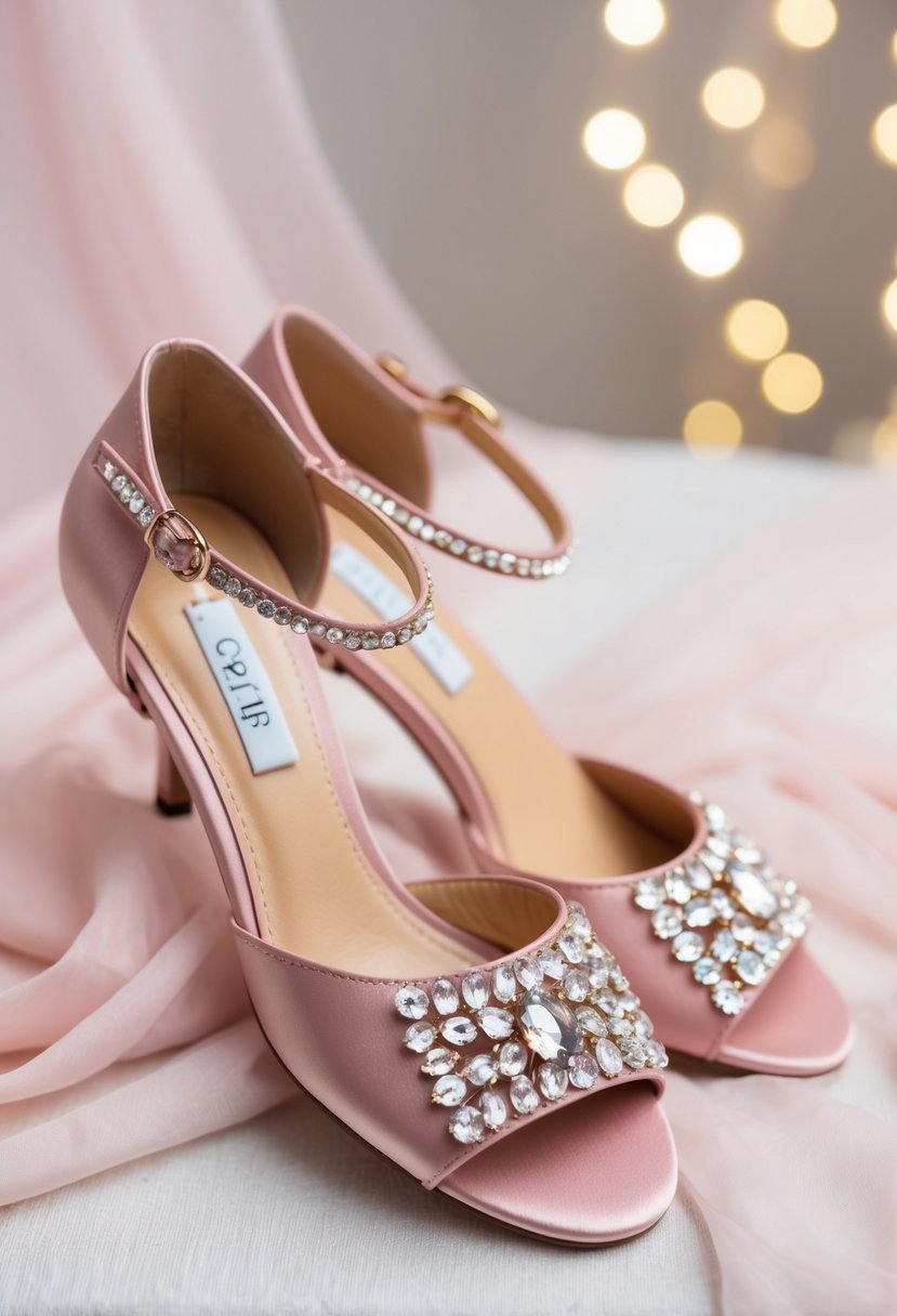 Blush pink satin sandals adorned with sparkling crystal embellishments, set against a soft, dreamy background