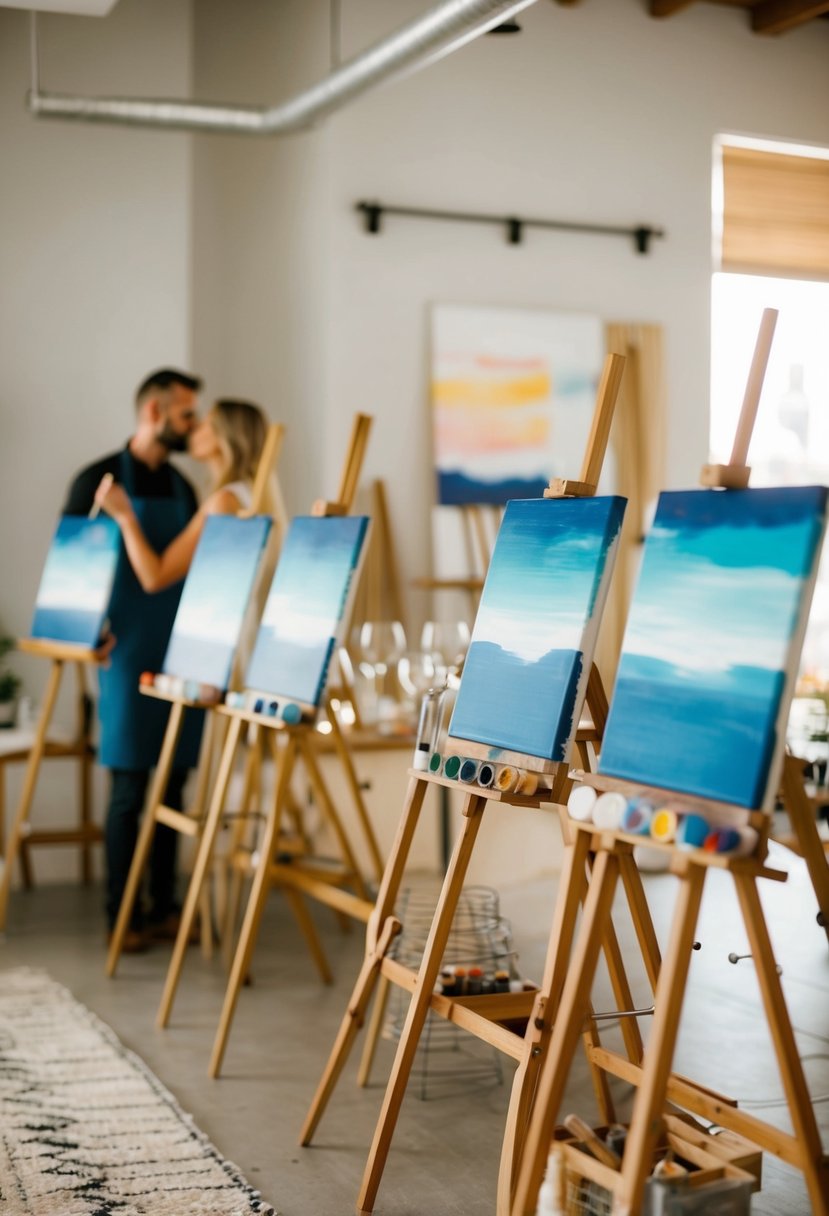 A cozy, well-lit studio with easels, paint palettes, and canvases set up for a painting class for couples