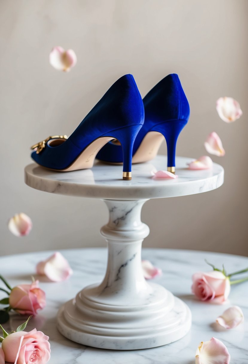 Royal blue velvet pumps with gold accents on a white marble pedestal with soft pink rose petals scattered around