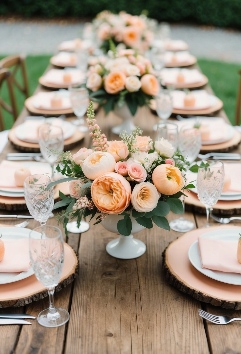 A rustic wooden table adorned with peach and pink floral centerpieces, creating a romantic and elegant wedding color scheme