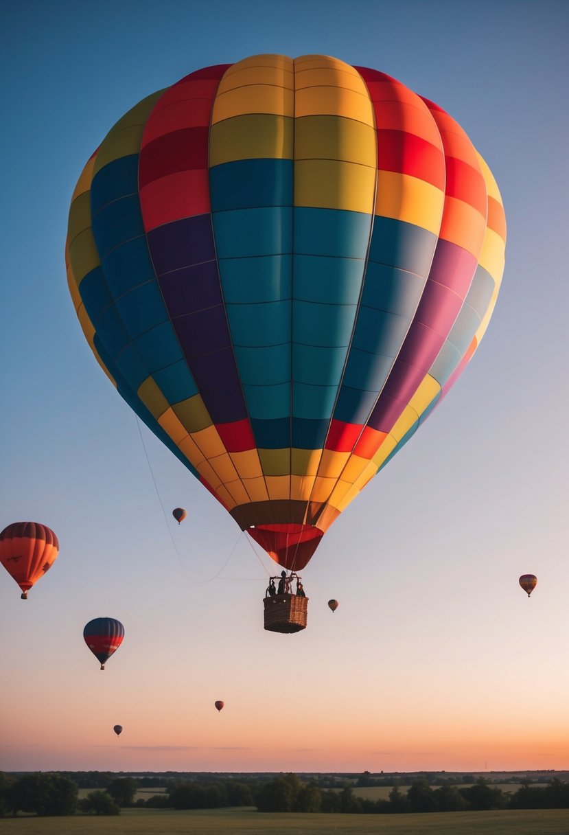 A colorful hot air balloon floats above a serene landscape at sunset