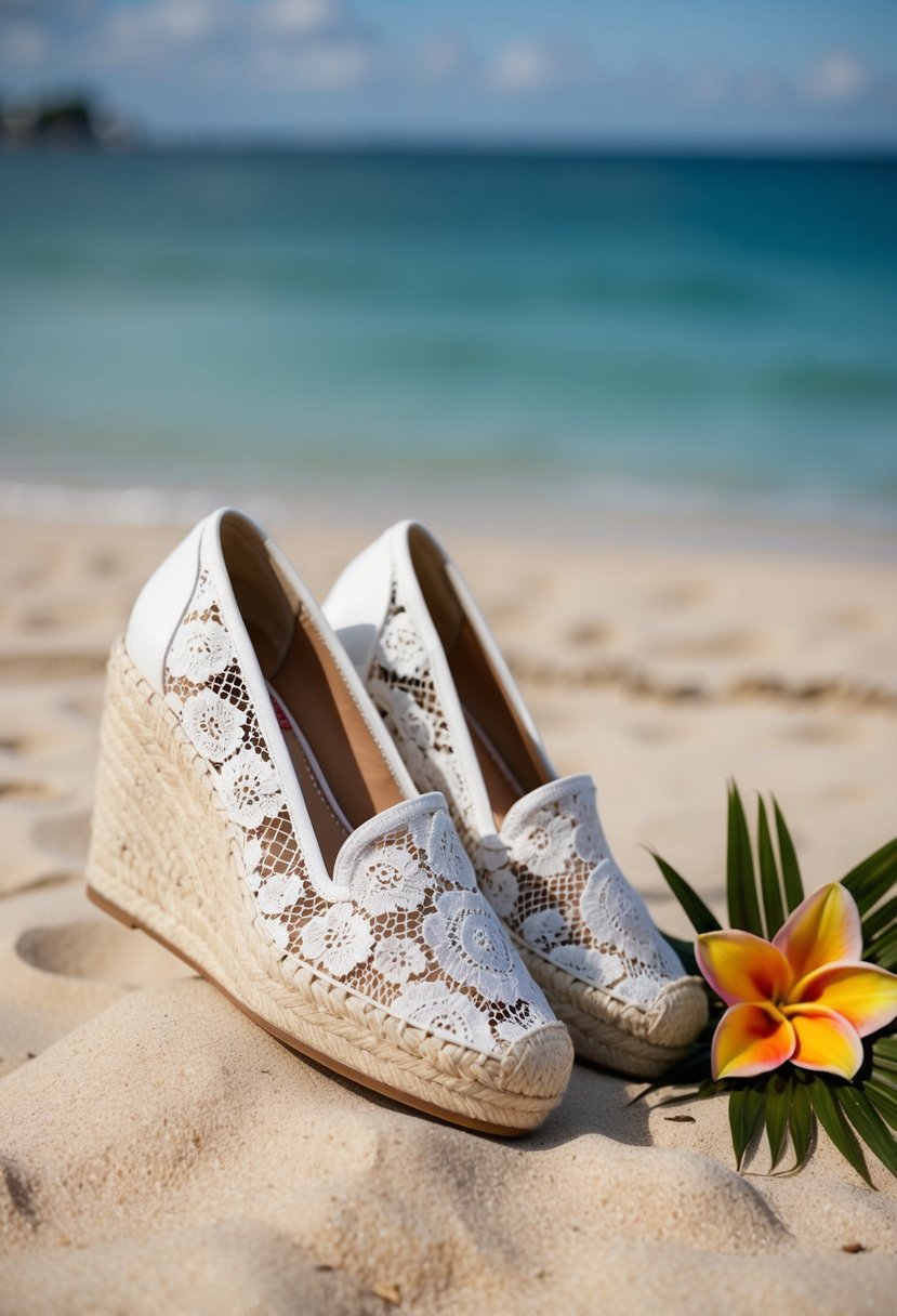 A pair of lace espadrille wedges sit on a sandy beach, with the ocean in the background and a bouquet of tropical flowers nearby