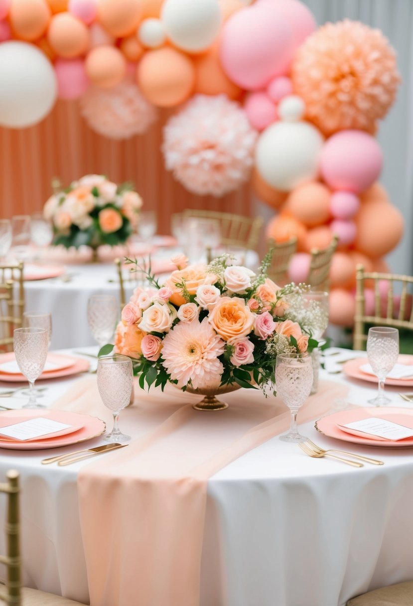 A table set with peach and pink bridal bouquets, surrounded by peach and pink wedding decor