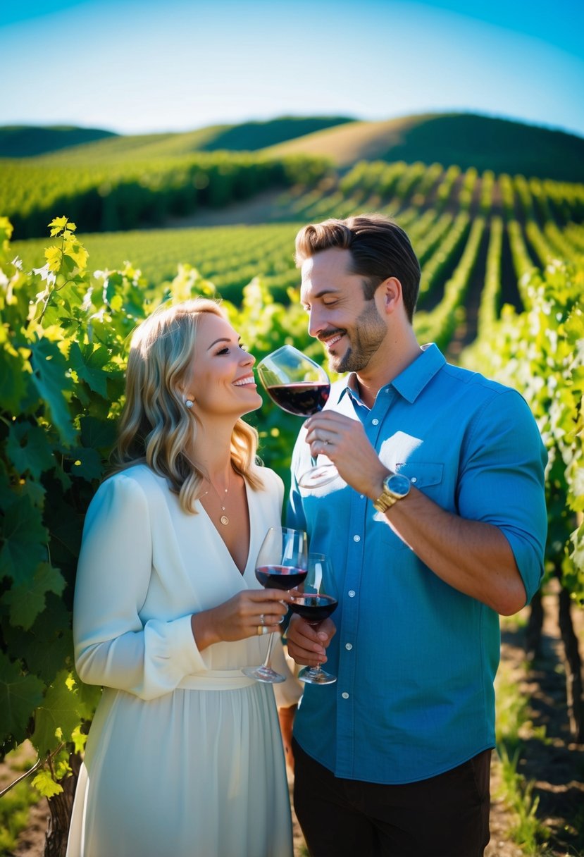 A couple sipping wine at a vineyard, surrounded by lush grapevines and rolling hills under a clear blue sky