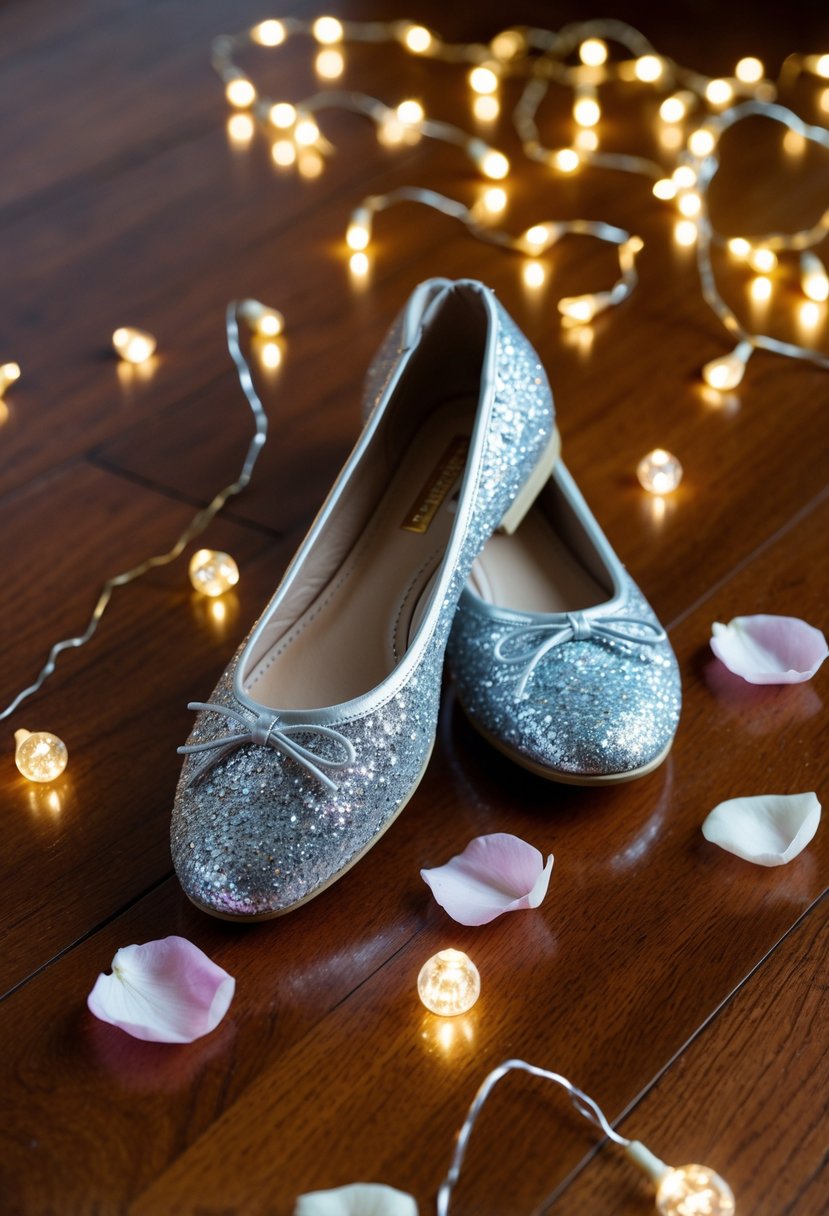 A pair of silver glitter ballet flats sits on a polished wooden floor, surrounded by delicate pink rose petals and twinkling fairy lights