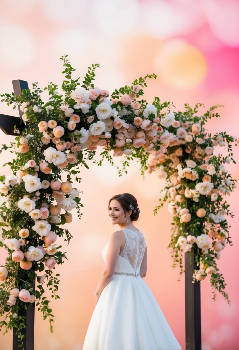 A wedding arch adorned with peach blossoms, set against a backdrop of peach and pink hues