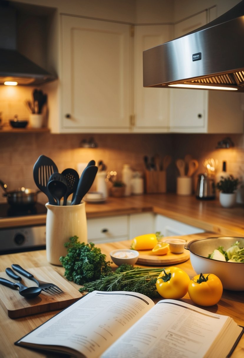 A cozy kitchen with two sets of cooking utensils, fresh ingredients, and a recipe book open on the counter. A warm, inviting atmosphere with soft lighting and a hint of romance