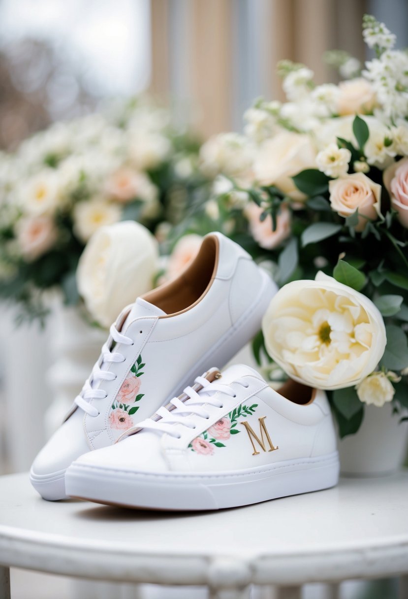 A pair of white sneakers with custom monogrammed initials and delicate floral designs, perfect for a bride on her wedding day