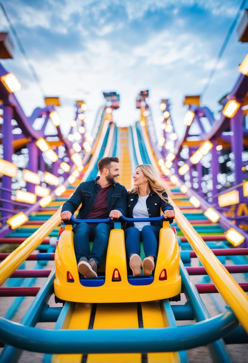 A couple rides a brightly colored roller coaster at an amusement park, surrounded by flashing lights and joyful screams