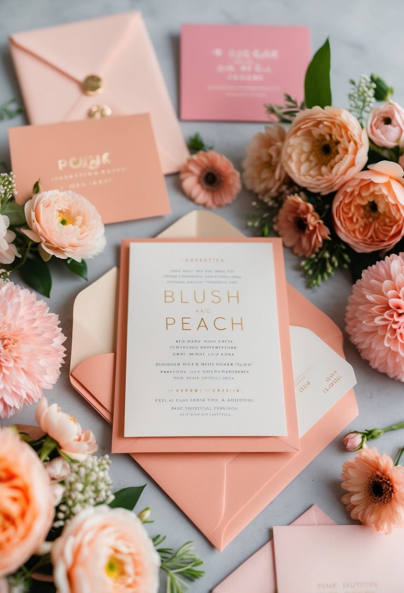 Blush and peach invitations surrounded by floral arrangements in similar colors, with pink and peach wedding decor ideas in the background