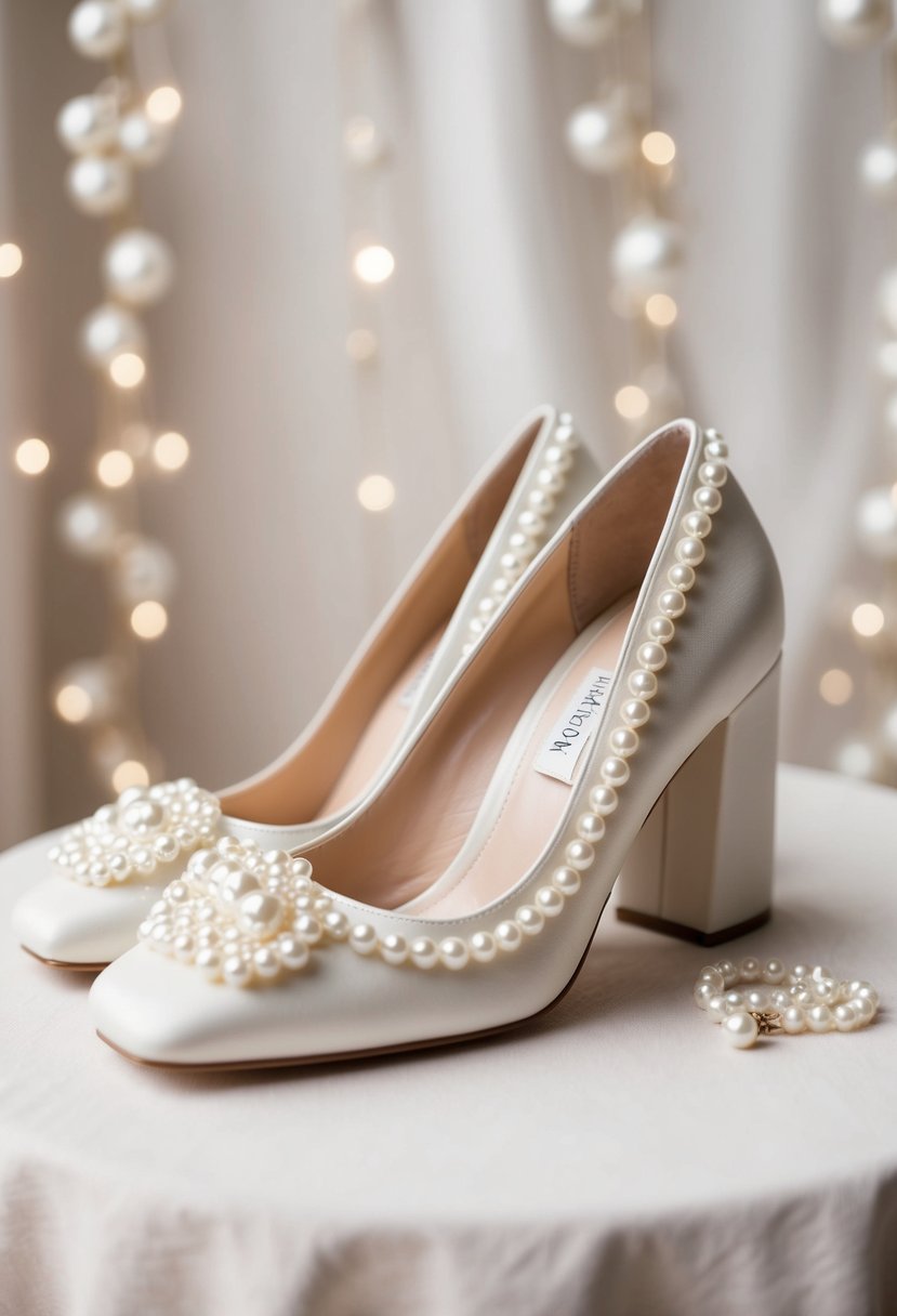 A pair of ivory block heels adorned with delicate pearl details, set against a soft, romantic backdrop