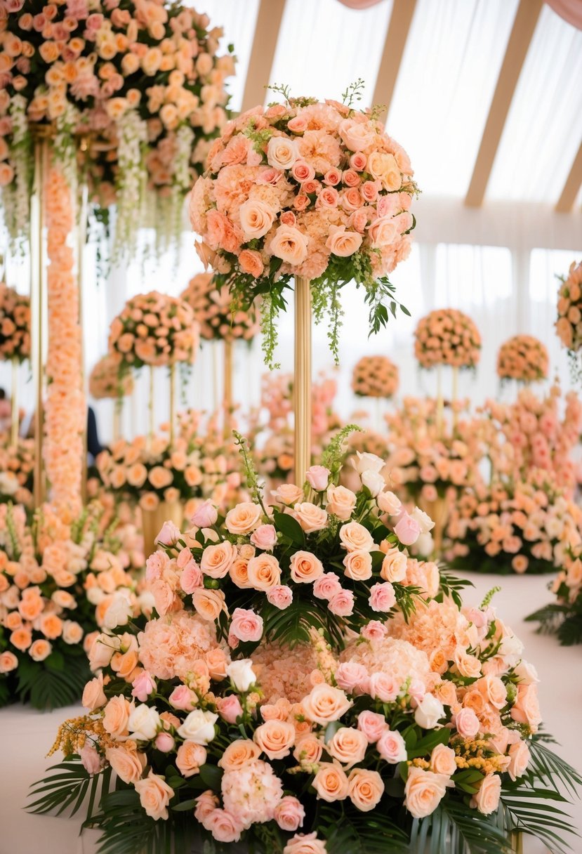 A lavish display of peach and pink floral arrangements for a wedding