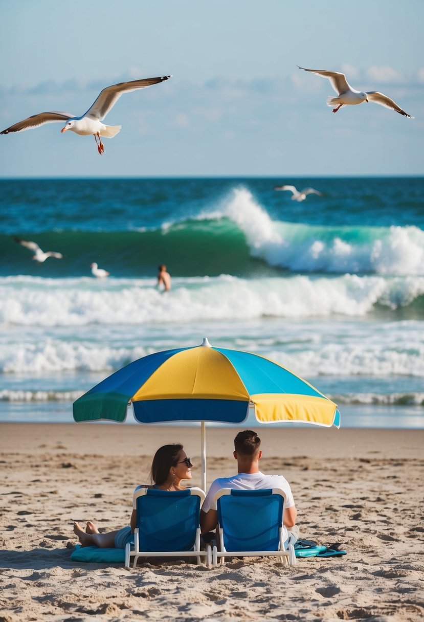 A couple lounges on a sandy beach, with waves crashing in the background. A colorful beach umbrella provides shade, while seagulls fly overhead