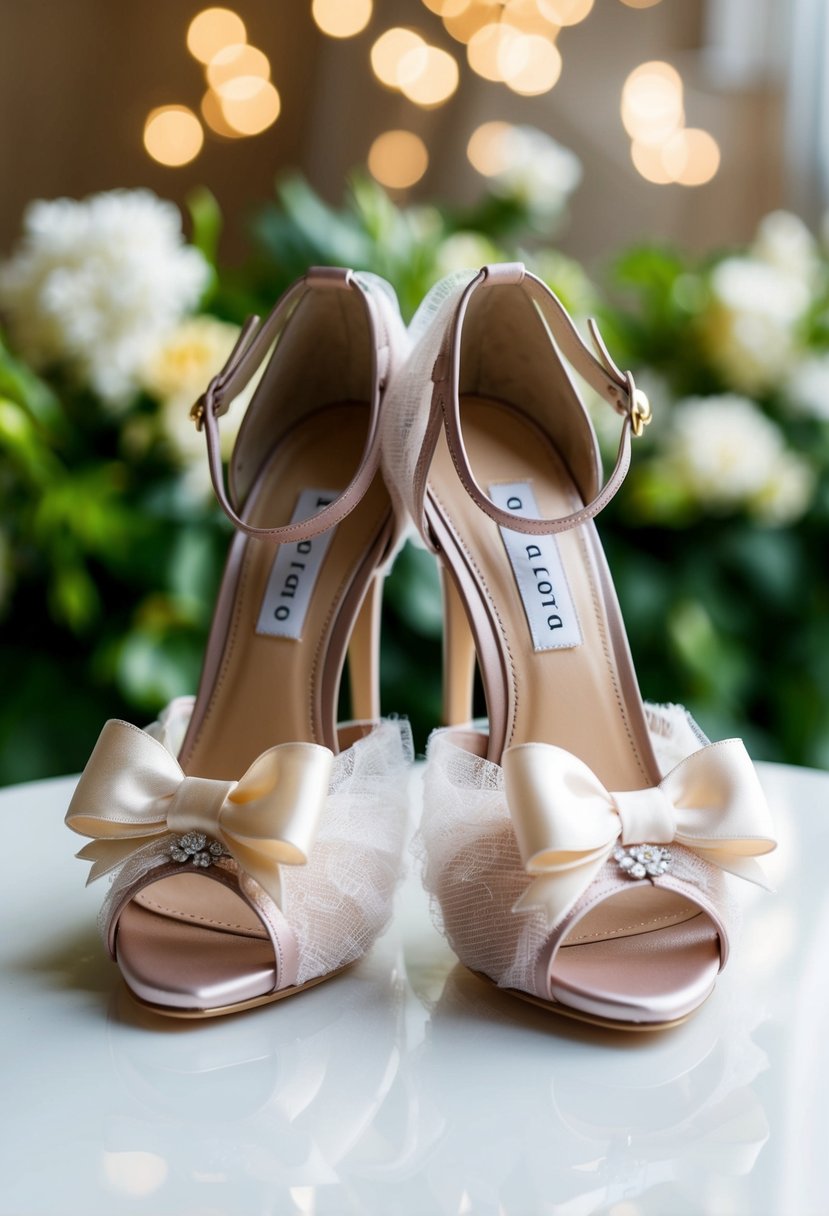 A pair of elegant heels wrapped in delicate tulle and adorned with satin bows, perfect for a wedding