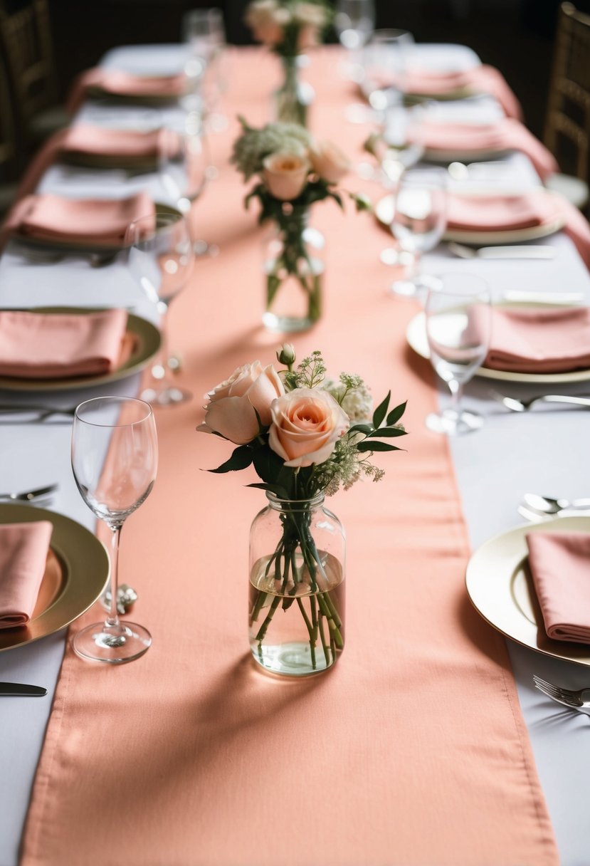 A table set with peach runners and pink napkins, evoking a soft and romantic wedding color scheme