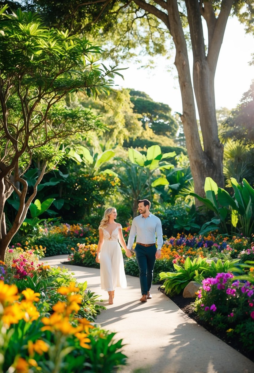 A couple walks through a lush botanical garden, surrounded by colorful flowers and towering trees. The sun filters through the leaves, casting dappled shadows on the winding path