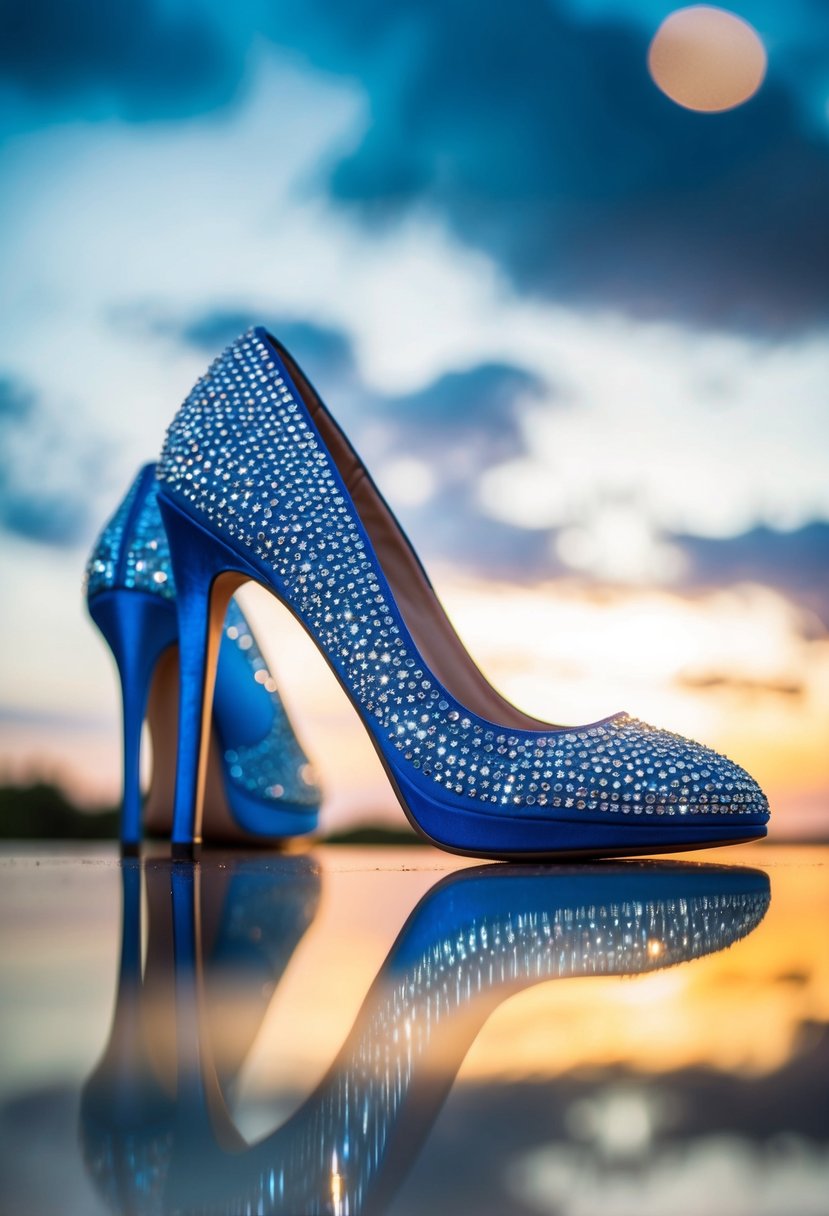 Twilight blue low heels adorned with sparkling rhinestones, set against a dreamy evening sky