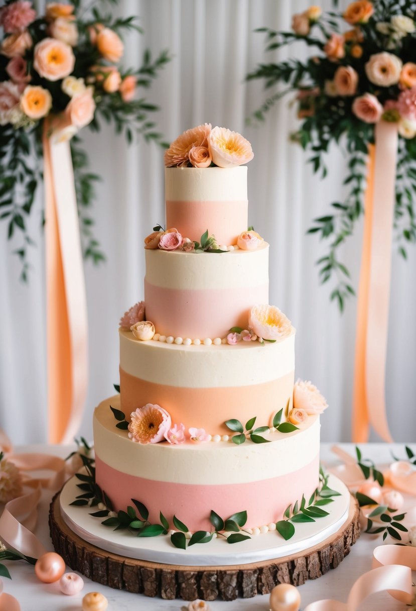 A three-tiered wedding cake decorated in shades of peach and pink, surrounded by matching floral arrangements and ribbons