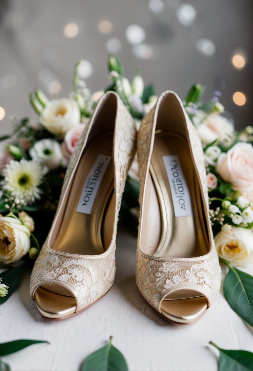 A pair of champagne gold stilettos with lace overlay, surrounded by delicate floral arrangements and wedding decor