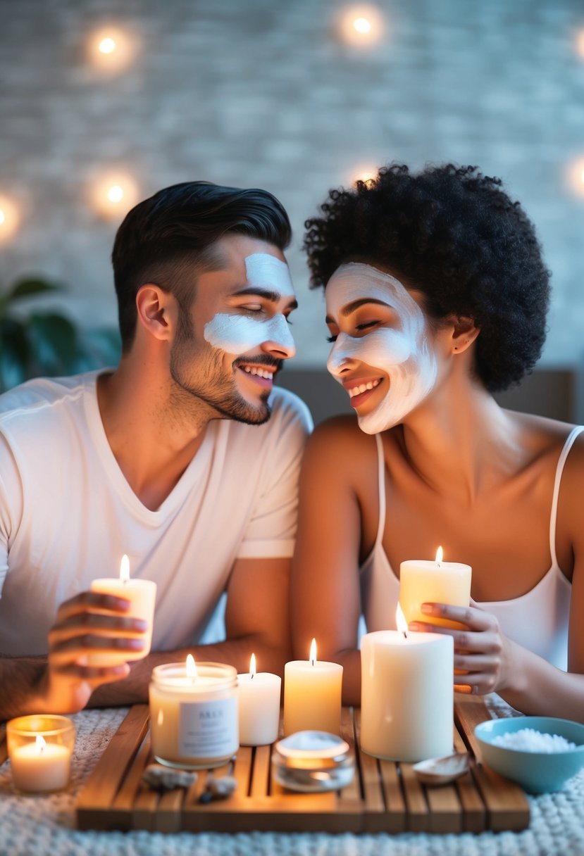 A couple enjoying a DIY home spa day together, surrounded by candles, bath salts, and face masks, creating a relaxing and romantic atmosphere