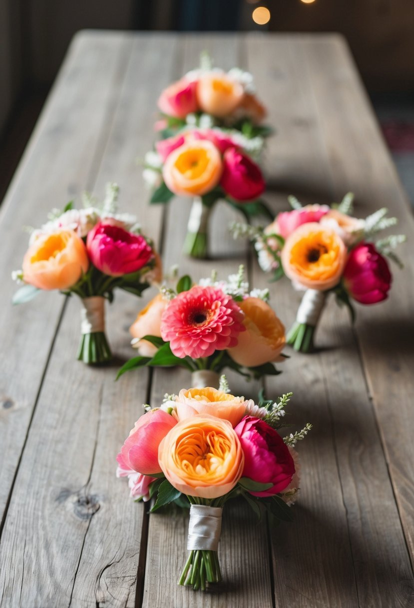 Peach and pink floral boutonnieres arranged on a rustic wooden table