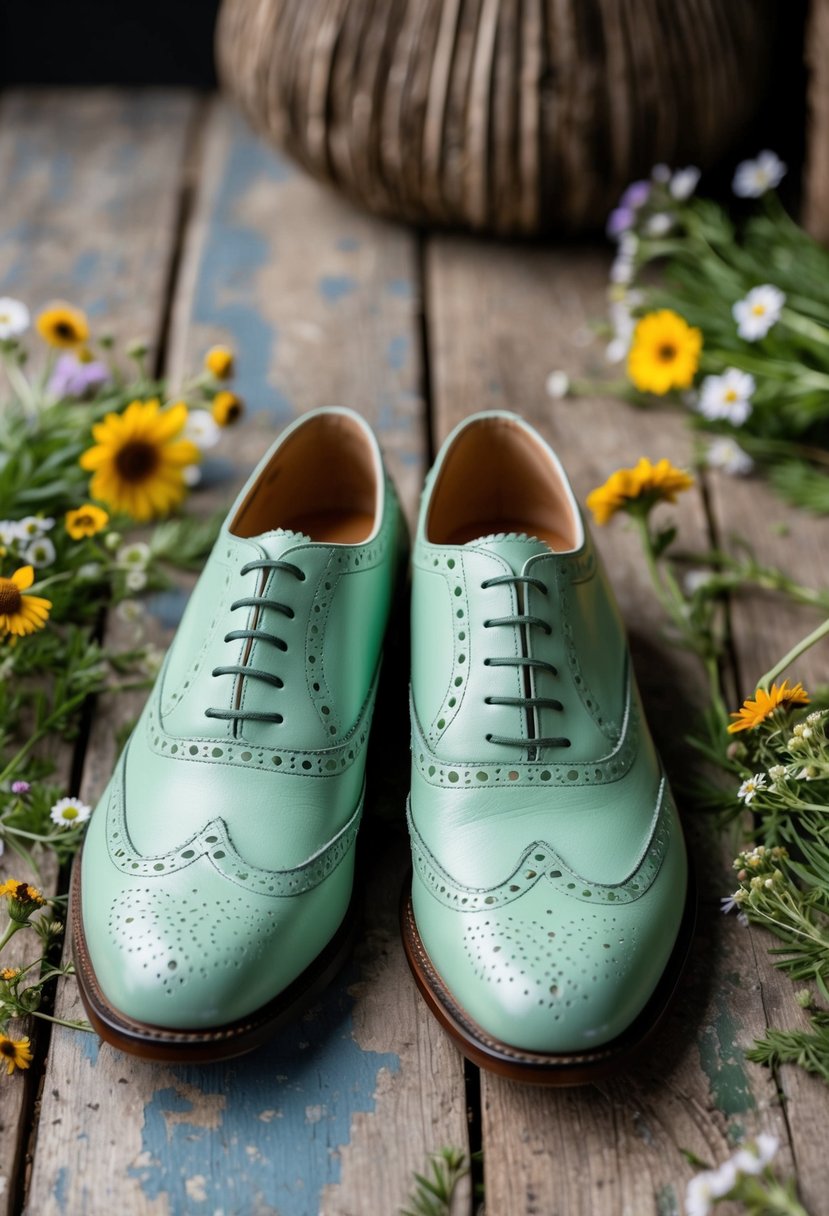 A pair of mint green vintage brogues sits on a weathered wooden floor, surrounded by wildflowers and rustic decor