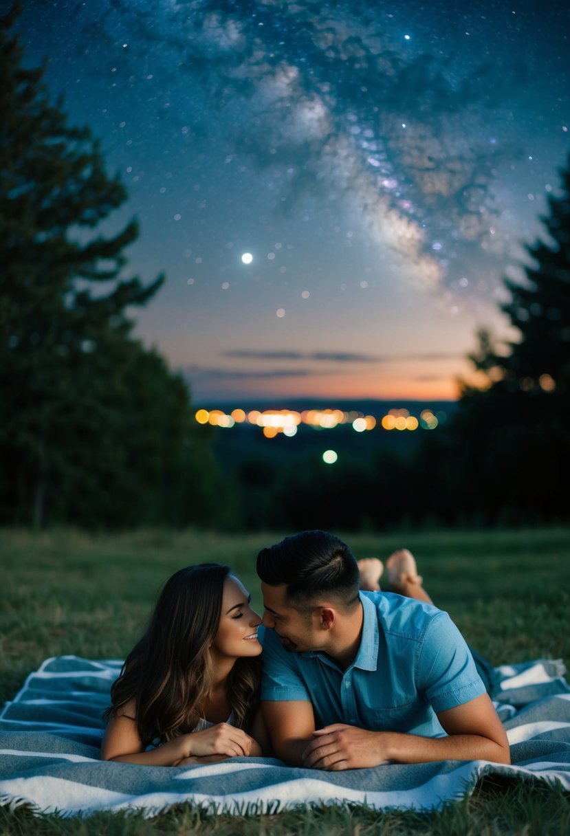 A couple lying on a blanket under a starry sky, surrounded by trees and distant city lights