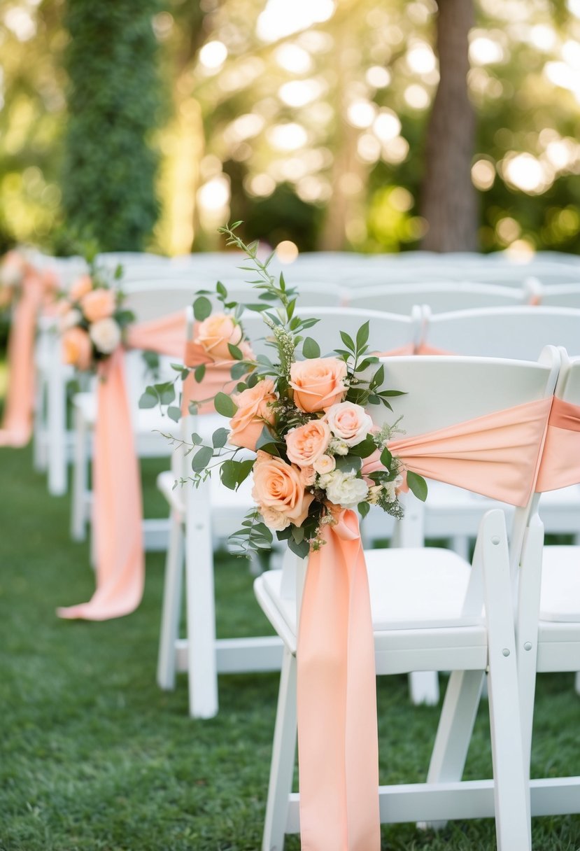 Peach and pink aisle decorations with floral arrangements and ribbon accents