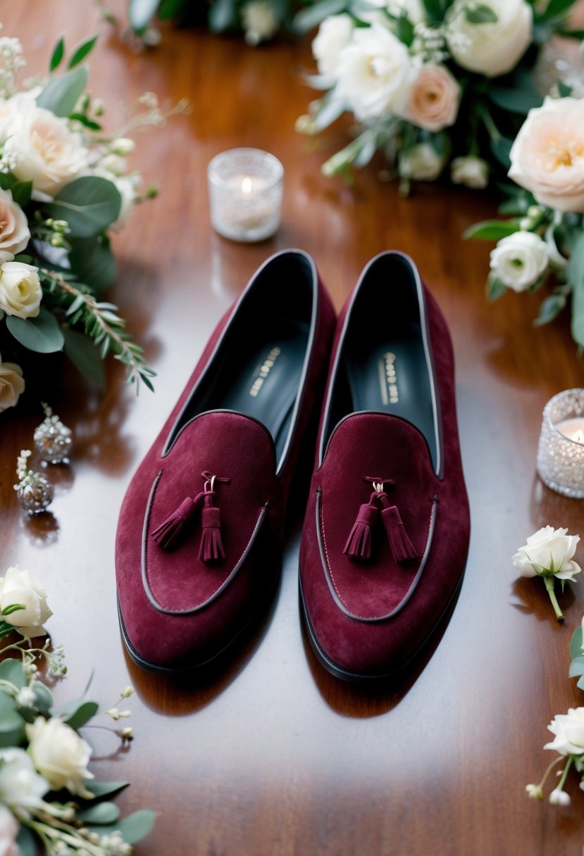 A pair of burgundy suede loafers with tassels placed on a polished wooden surface, surrounded by delicate floral arrangements and wedding accessories