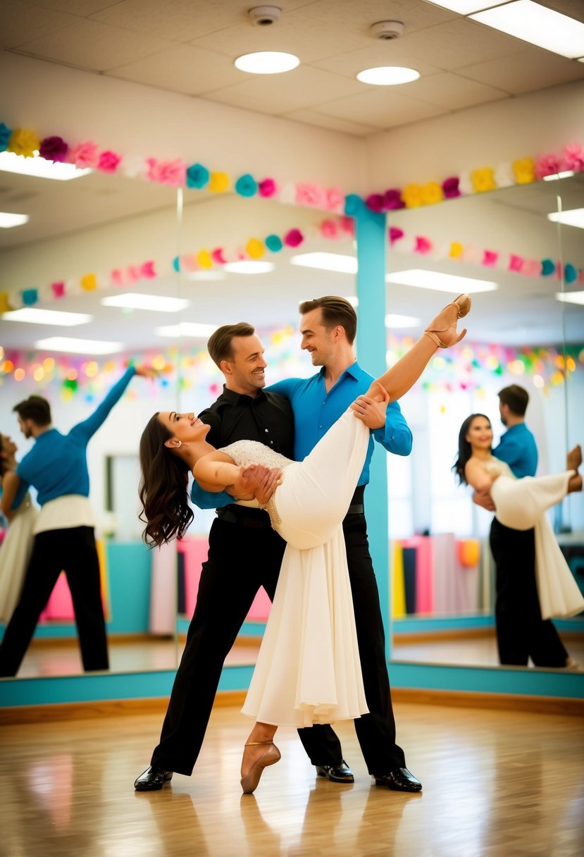 A couple twirls and dips in a vibrant dance studio, surrounded by mirrors and colorful decorations. The instructor guides them through graceful movements