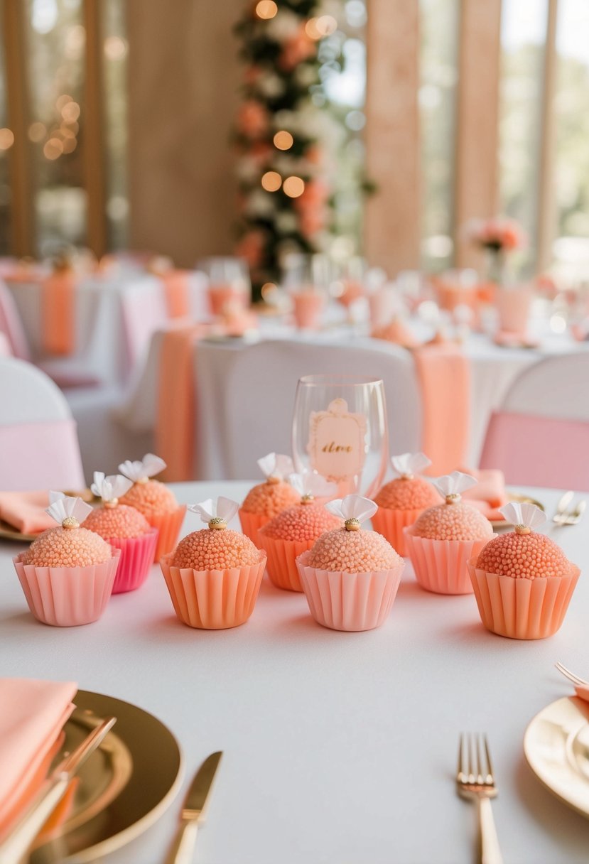 Peach and pink wedding favors arranged on a table with matching decor