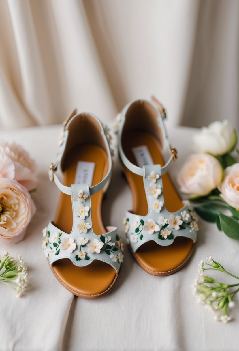 A pair of T-strap sandals adorned with delicate floral appliqués, set against a soft, romantic backdrop