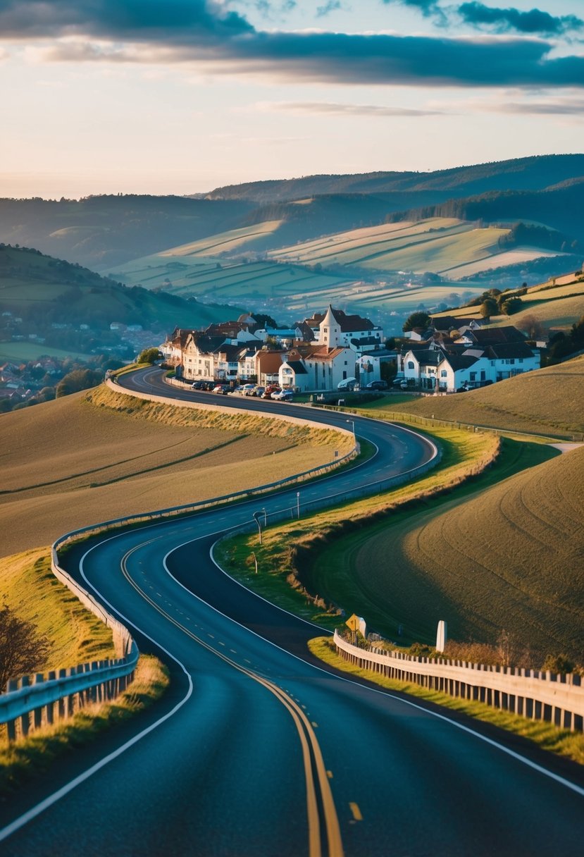 A winding road through rolling hills, leading to a charming town with cozy cafes and scenic overlooks