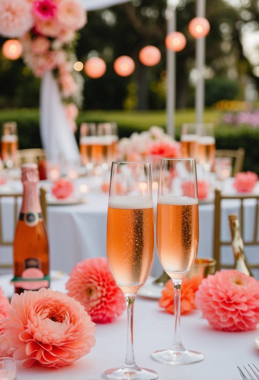 A table set with peach champagne cocktails and pink wedding decor