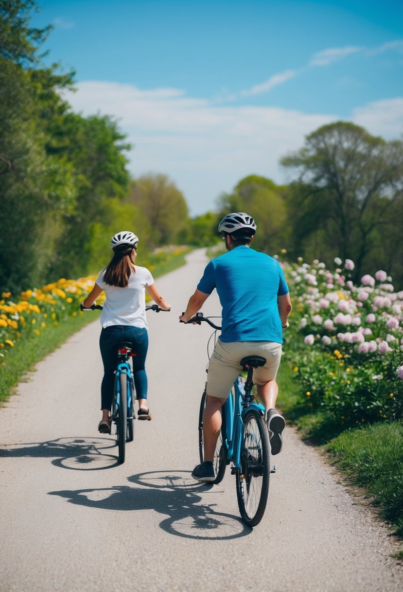 A couple rides rented bicycles along a scenic path, surrounded by lush greenery and blooming flowers, with a clear blue sky overhead