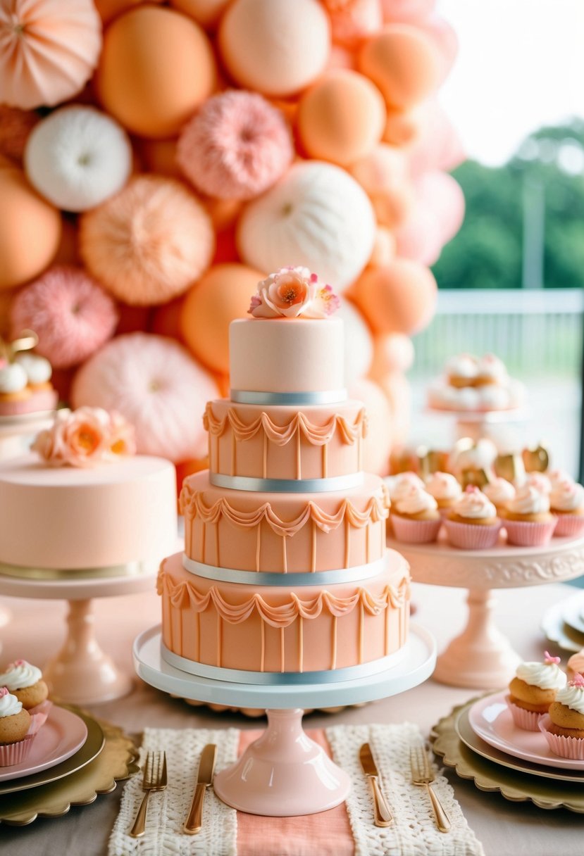 A dessert table adorned in peach and pink decor for a wedding celebration