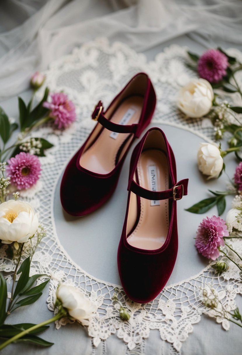 A pair of velvet Mary Janes with ankle ribbons, surrounded by delicate lace and floral accents