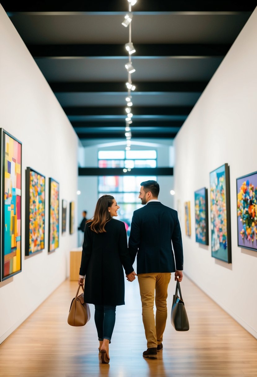 A couple strolling through a modern art museum, admiring colorful paintings and sculptures