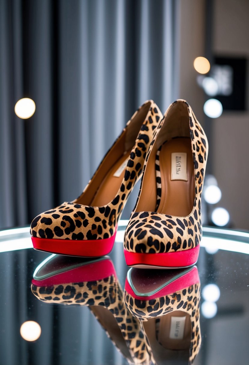 A pair of leopard print pumps with vibrant red soles, positioned on a sleek, reflective surface, surrounded by soft, romantic lighting