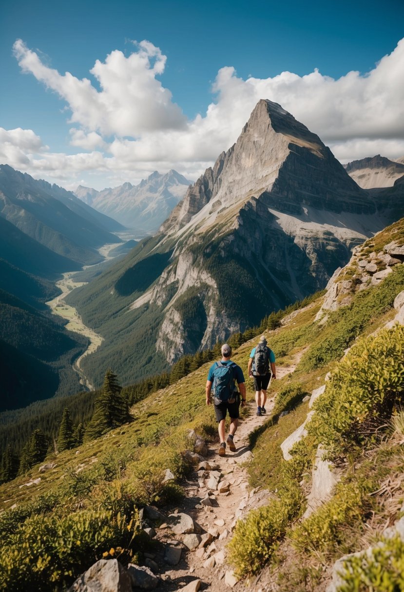 A couple hikes up a rugged mountain trail, surrounded by towering peaks and lush greenery, with a breathtaking view of the valley below