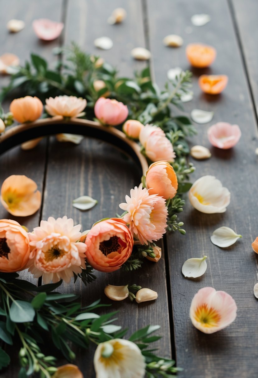 A peach and pink flower crown sits atop a wooden table, surrounded by scattered petals and greenery