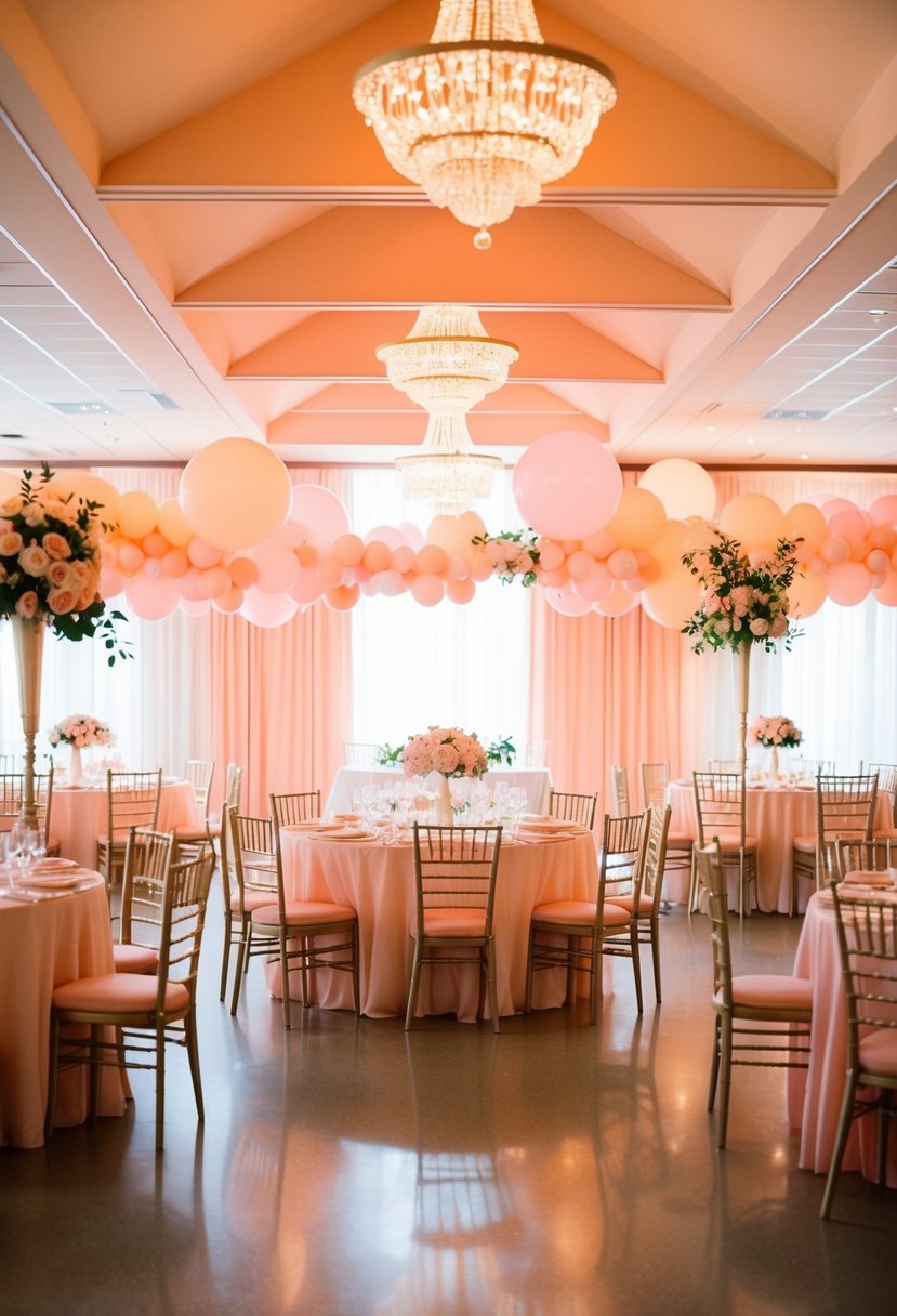 Soft peach and pink lighting fills a reception hall adorned with peach and pink wedding decor