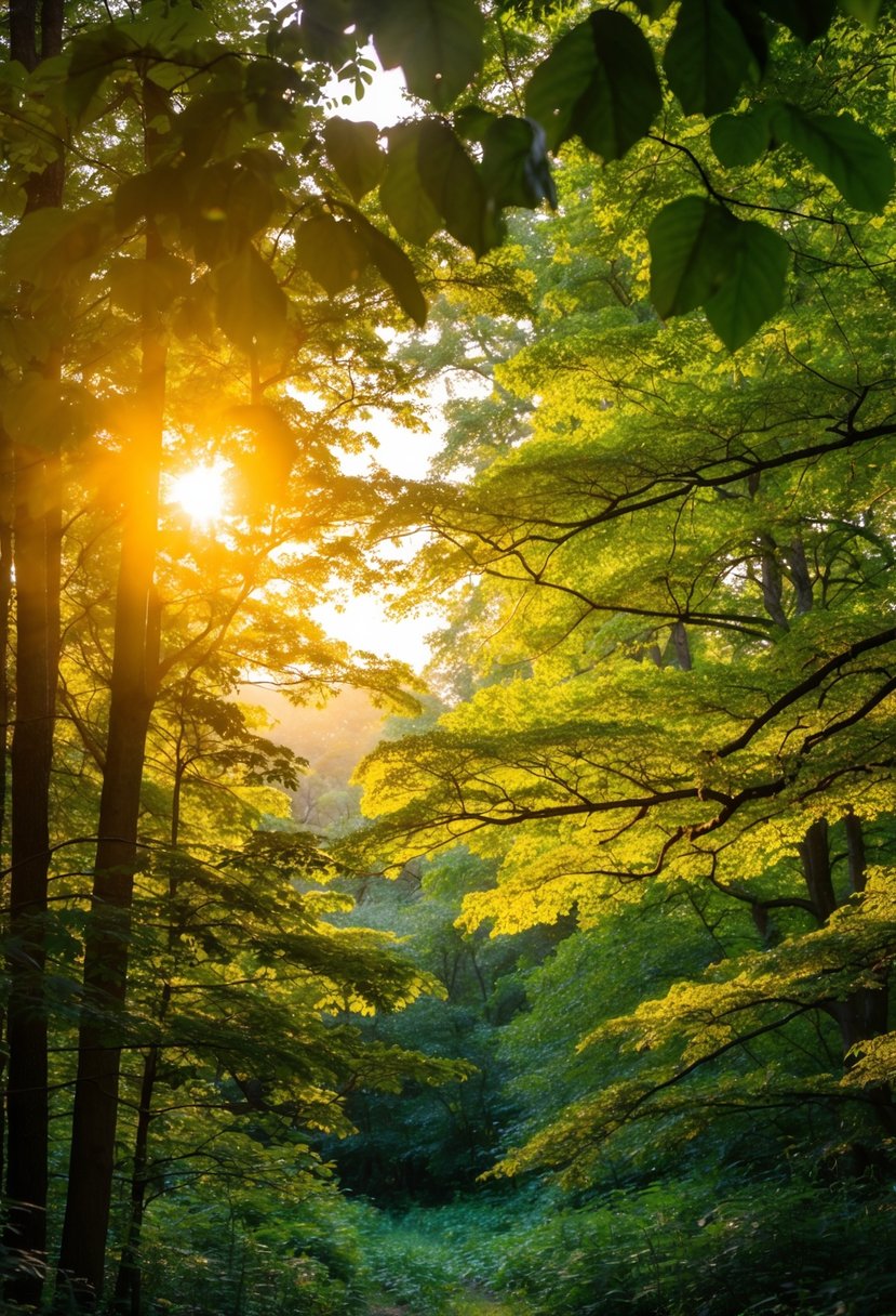 A lush forest with golden sunlight filtering through the leaves, casting a warm glow on the rich green foliage