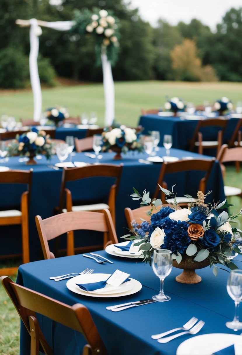 A navy blue and brown wedding color scheme: a rustic outdoor ceremony with navy blue tablecloths, brown wooden chairs, and floral arrangements in deep blue and earthy tones